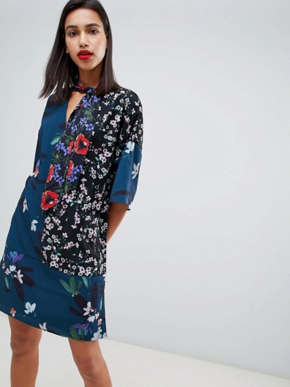 French Connection Teal & Black Floral Dress